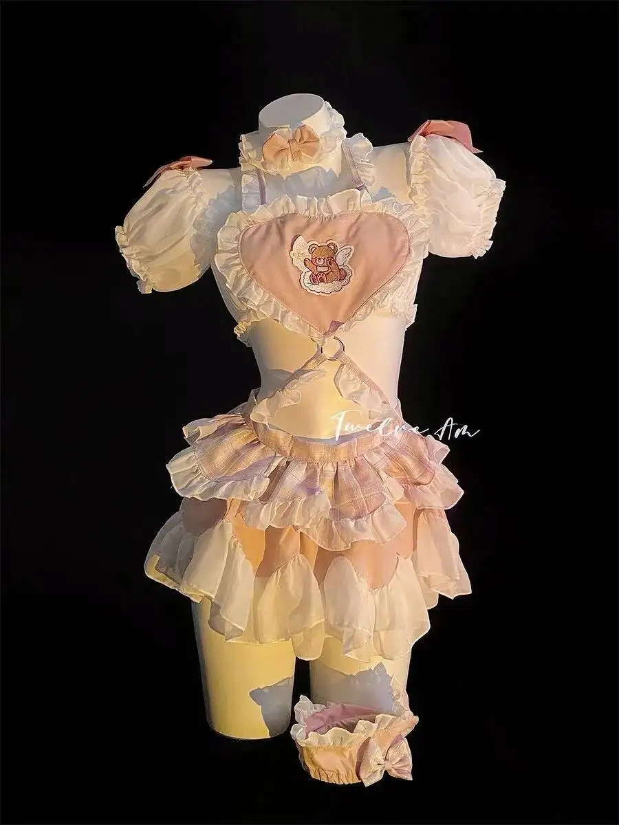 Vestido de princesa bonito de sirvienta rosa, disfraz de sirvienta Lolita, vestido de pastel para mujer, vestido con volantes de encaje con estampado de oso, encantador dulce puro deseo PEK5