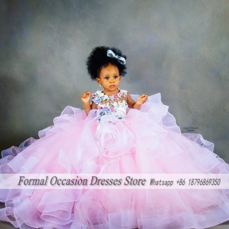

Pink First Communion Dress Flower Girl Dress For Weddings Tulle Applique Kids Princess Pageant Gowns Customized