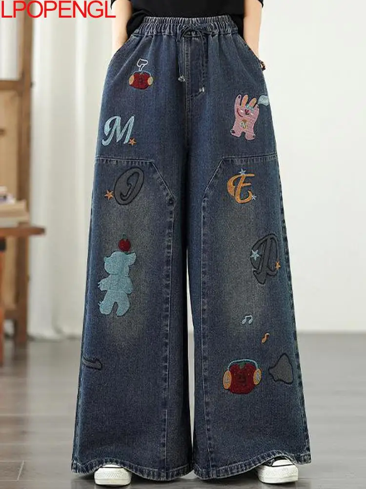 

Свободные джинсы в этническом стиле с вышивкой в стиле ретро, женские свободные джинсы с эластичной резинкой на талии, осень 2024, универсальные повседневные потертые широкие брюки