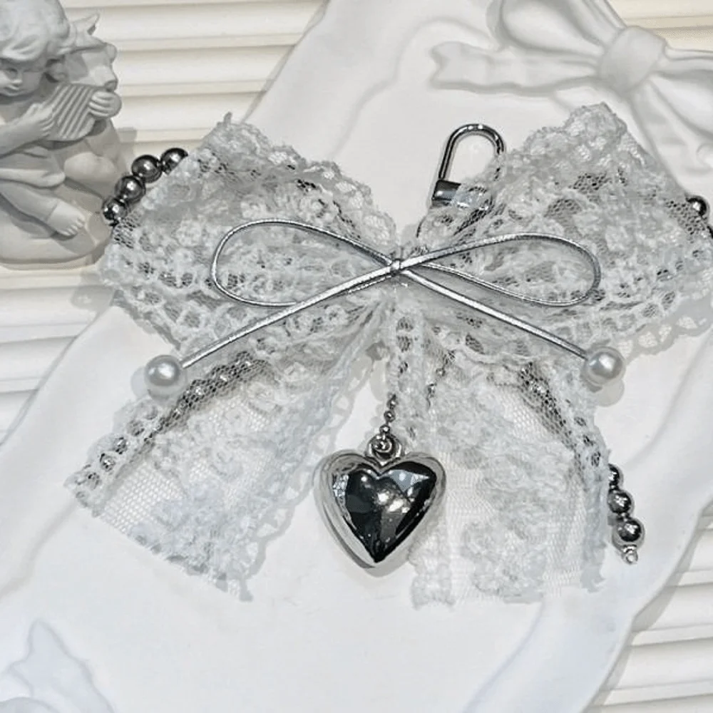 New Y2K Pearl Bow Keychain Metal Chain Delicate Beaded Lace Bow Keychain Keyring Bag Accessory