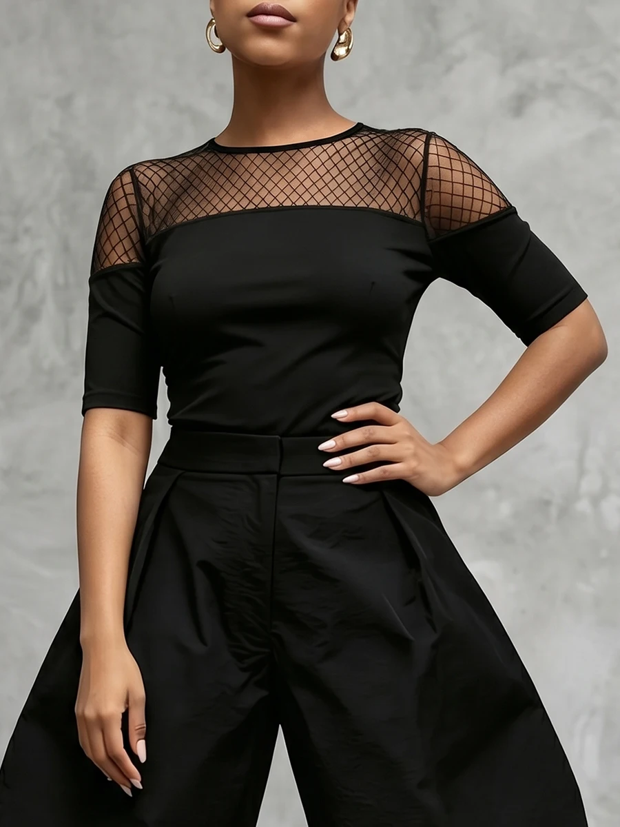 Women Solid Color Mesh Sheer Panel T Shirt Tops Short Sleeves Round Neck Split Joint Slim Fit Casual Party Outfits Women TShirts