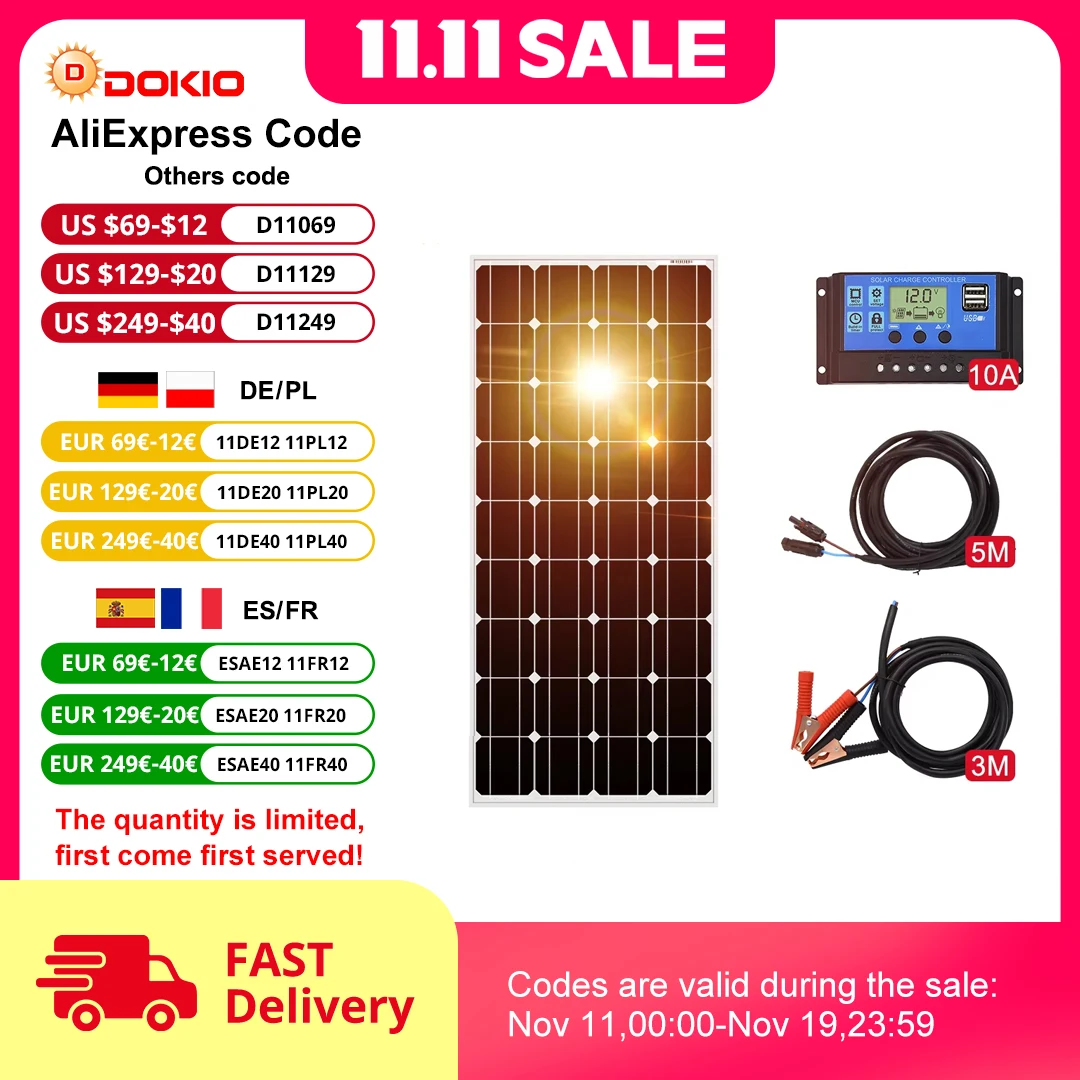 

Dokio 18V 100W 200W 400W Rigid Waterproof Solar Panel Set Controller For Home Charge 12V Car Battery Monocrystalline China