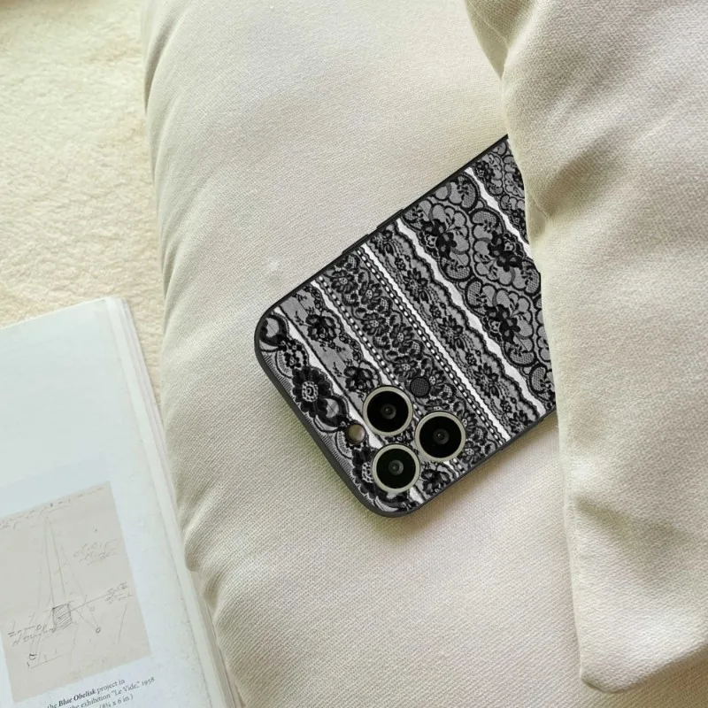 Lace fabric pattern Phone Case FOR IPhone 14 13 11 12 Pro 8 7 Plus X 13 Pro MAX XR XS MINI Black Covers