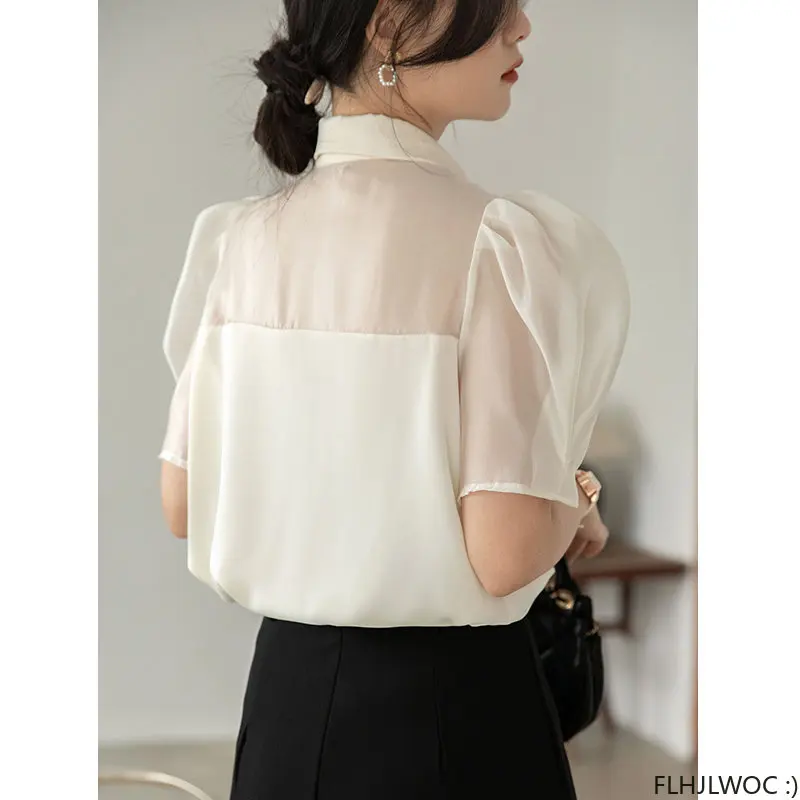 Korea Chic Puff Sleeve Sheer Mesh Tops Blusas Japan Style Elegant 2023 Summer Cute Girls Button Shirts Flhjlwoc Women Blouses