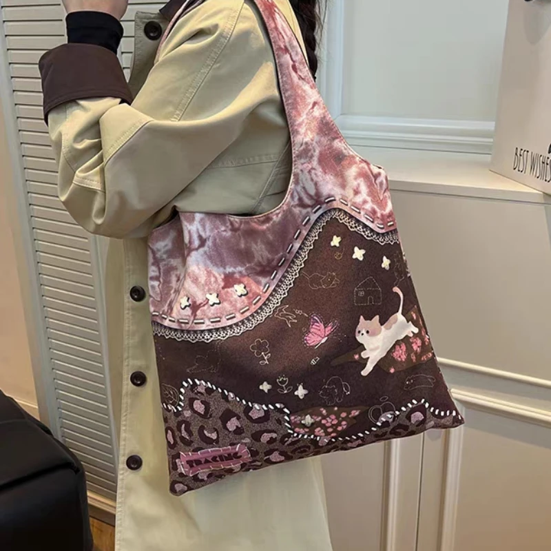 

Caramel Kitten Shoulder Bag,Women Cartoon Aesthetic Print Canvas Contrast Color Splice Handbag,Large Capacity Commuter Tote Bag