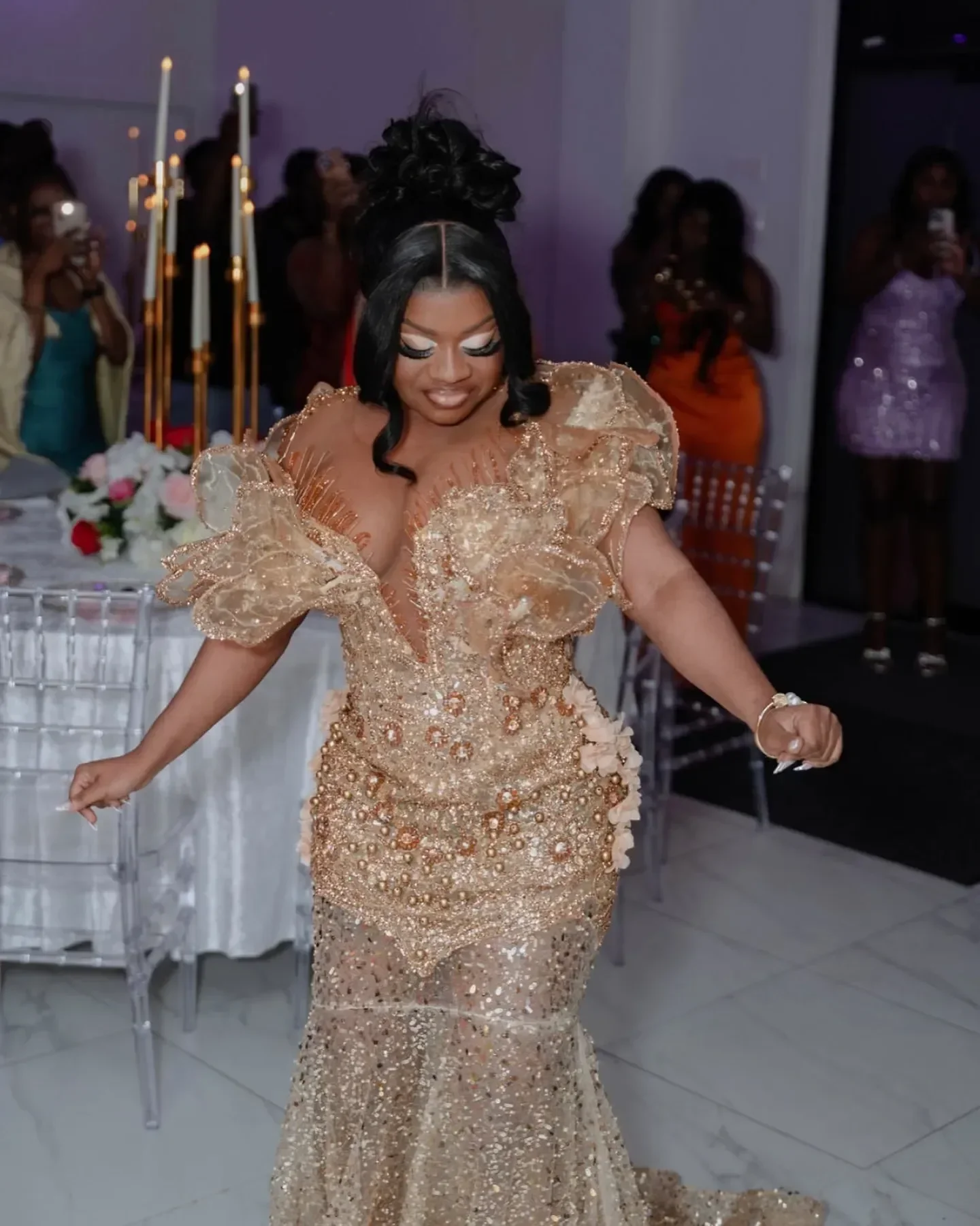 Sequined Rhinestones Pearls Evening Formal Party Second Reception Birthday Gowns Dre Aso Ebi Gold Illusion Mermaid Prom Dresses