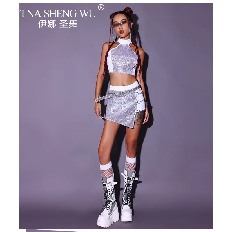 Frauen Jazz Dance Kostüm Pailletten Set Sexy Crop Top Und Shorts Erwachsene Leistung Tragen Hip Hop Street Dance Club Party Outfit