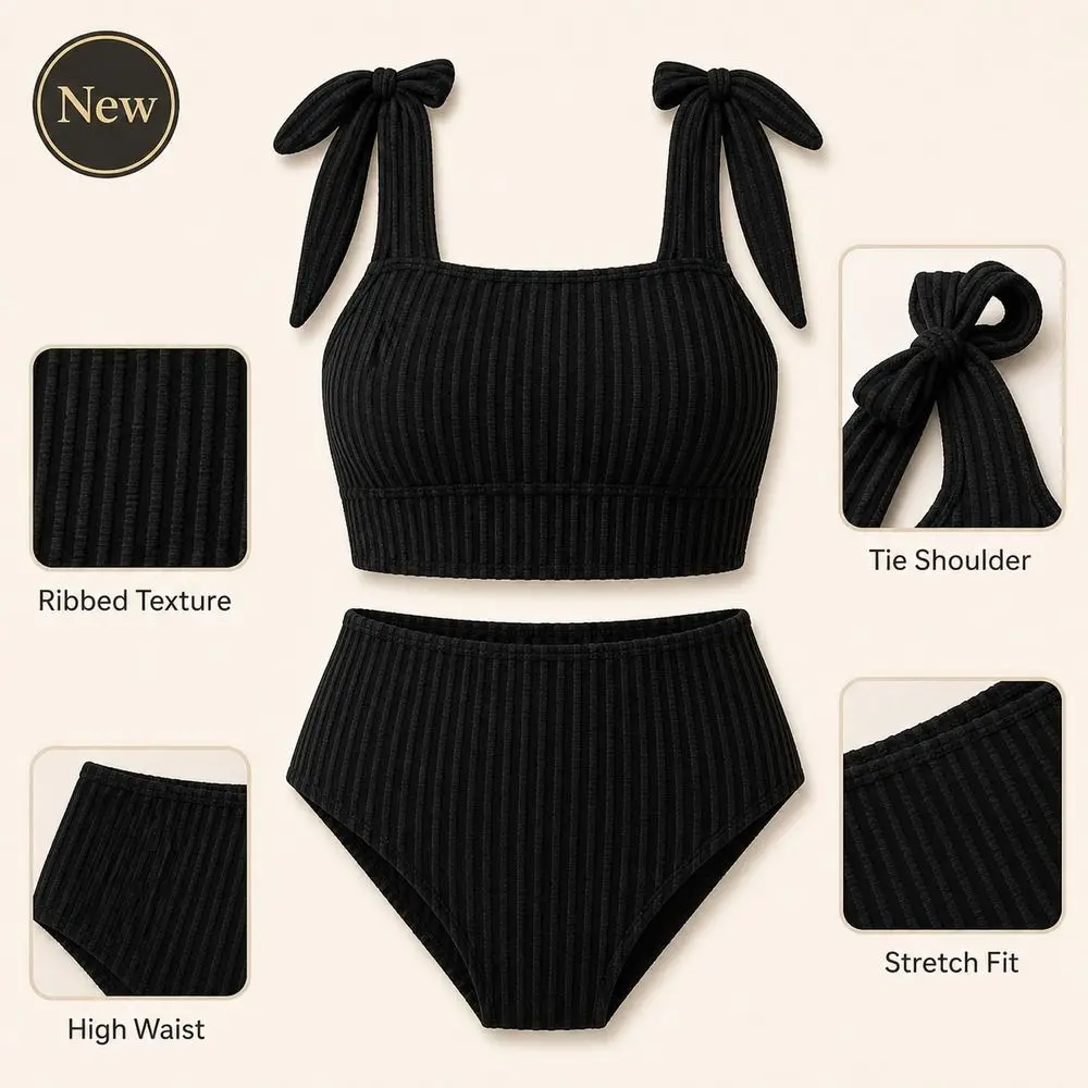 New Ribbed Texture Bikini Set High Waist Cropped Top Swimsuit Set Tie Shoulder Black High Waist Bottom Summer Vacation