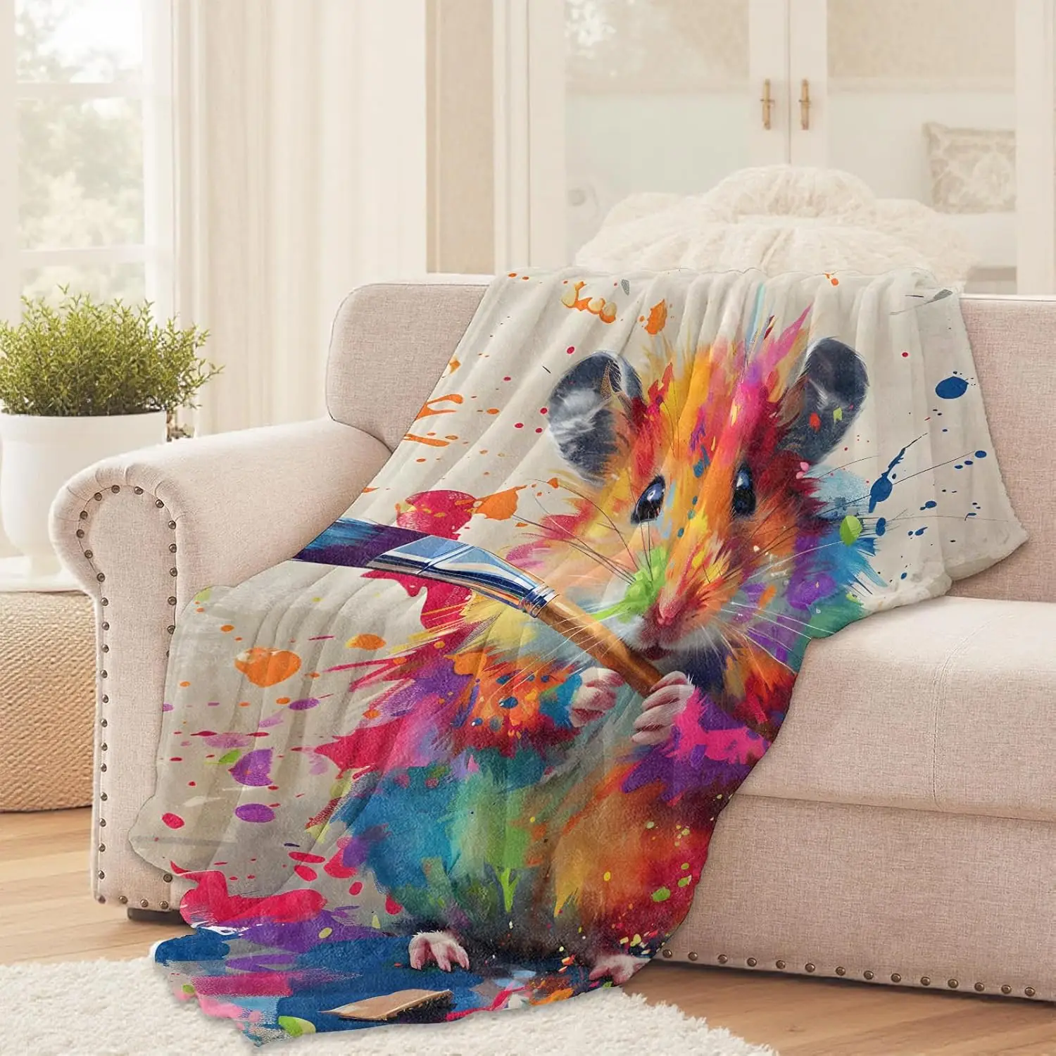 Colorful Artist Hamster Throw Blanket for Girls Boys Kids Adults,Cozy Flannel Blanket for Bedroom,Room Decor Warm Soft Gifts