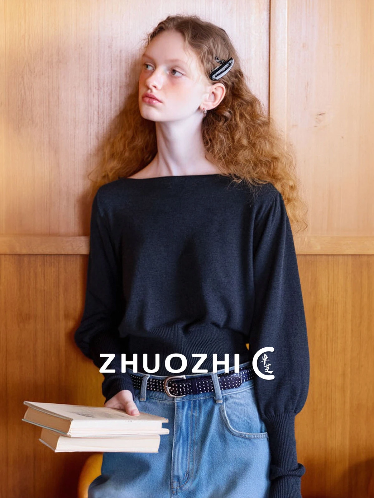 

ZhuoZhi Vintage One-oulder Knitted Sweater Women's Spring 2026 Waist-Cinching Lantern Sve Top Casual Sle Regular Fit