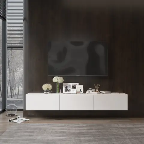 FUFU&GAGA Supporto TV sospeso per montaggio a parete con luci, armadietto multimediale lucido con 3 cassetti senza mani per soggiorno