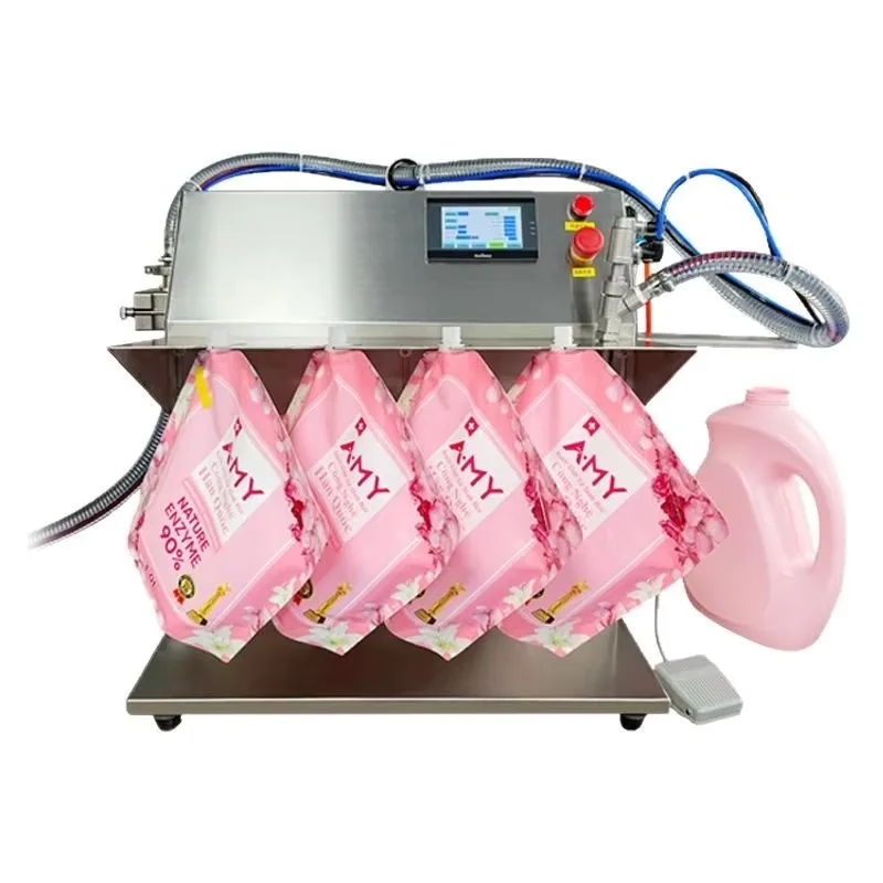 

Desktop Semi Automatic Pneumatic Yogurt Shampoo Lotion Liquid Oil Stand up Nozzle Bag Doypack Sealing Filling Capping Machine