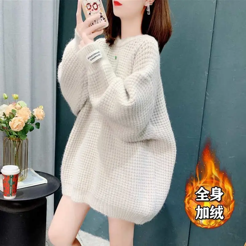 2023 Autumn and Winter Women Casual Streetwear Plush Warm Knitted Sweaters Solid O Neck Long Sleeve Oversized Pullovers Jumpers