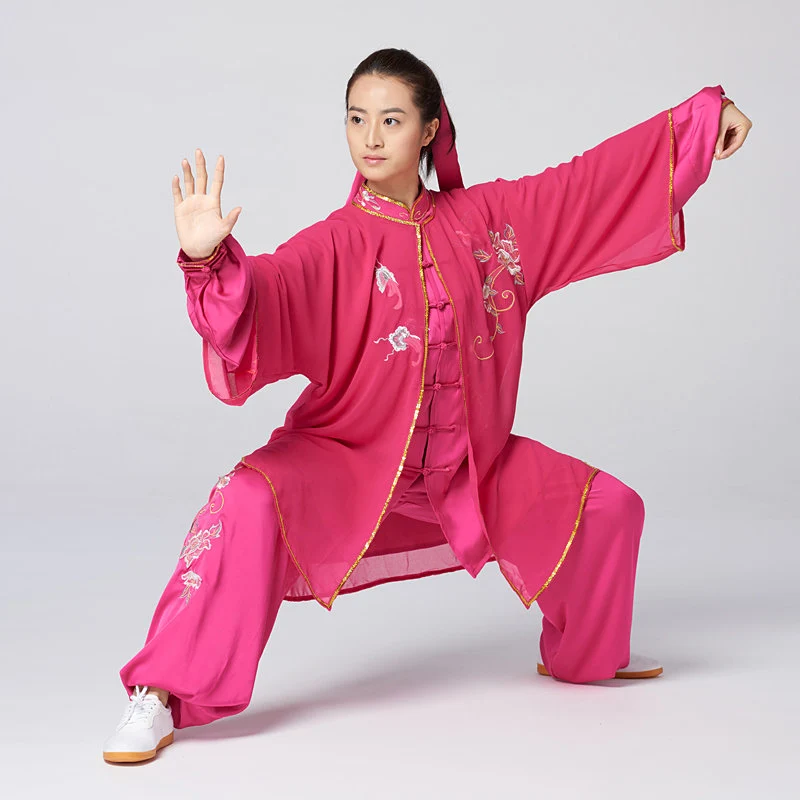 Women's Tai Chi Suit New Arrival Magenta Peony Embroidery 3-Piece Set Shawl Collar Performance & Competition Wear
