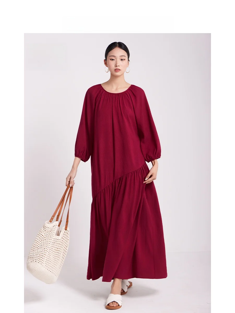 

Новинка! Женское повседневное платье с V-образным вырезом, свободного кроя, с поясом, винно-красное, в стиле ретро, для весны, лета и осени.