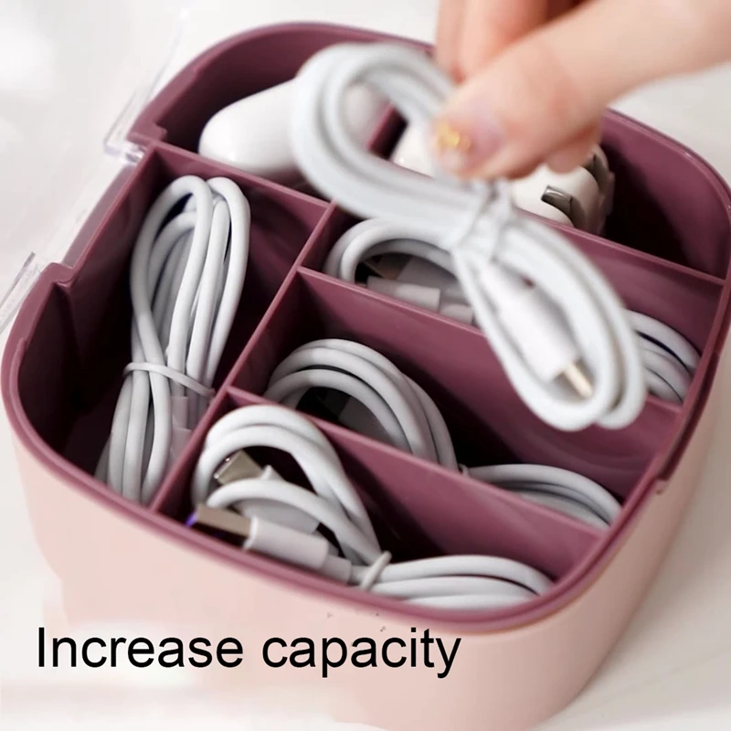 

Cable Storage Box Plastic Data Line Portable Organizer Boxes 6 Bay Earphone Cable Office Power Cord Organizer with 6 Wire Ties