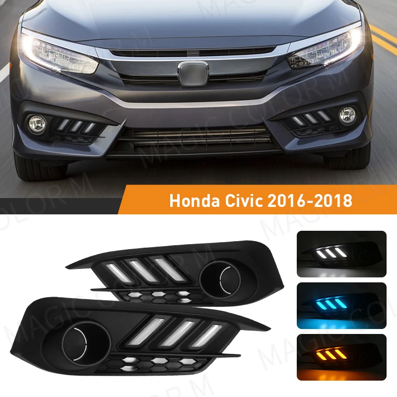 For Honda Civic 2016 2017 2018 Car Front Bumper LED Daytime Running Light White Yellow Blue Turn Signal Lamp Driving Accessories