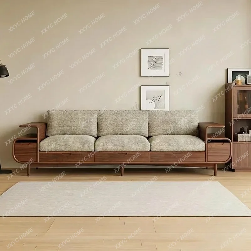 XX New Chinese-style  black walnut solid wood storage sofa office three-person straight-row sofa