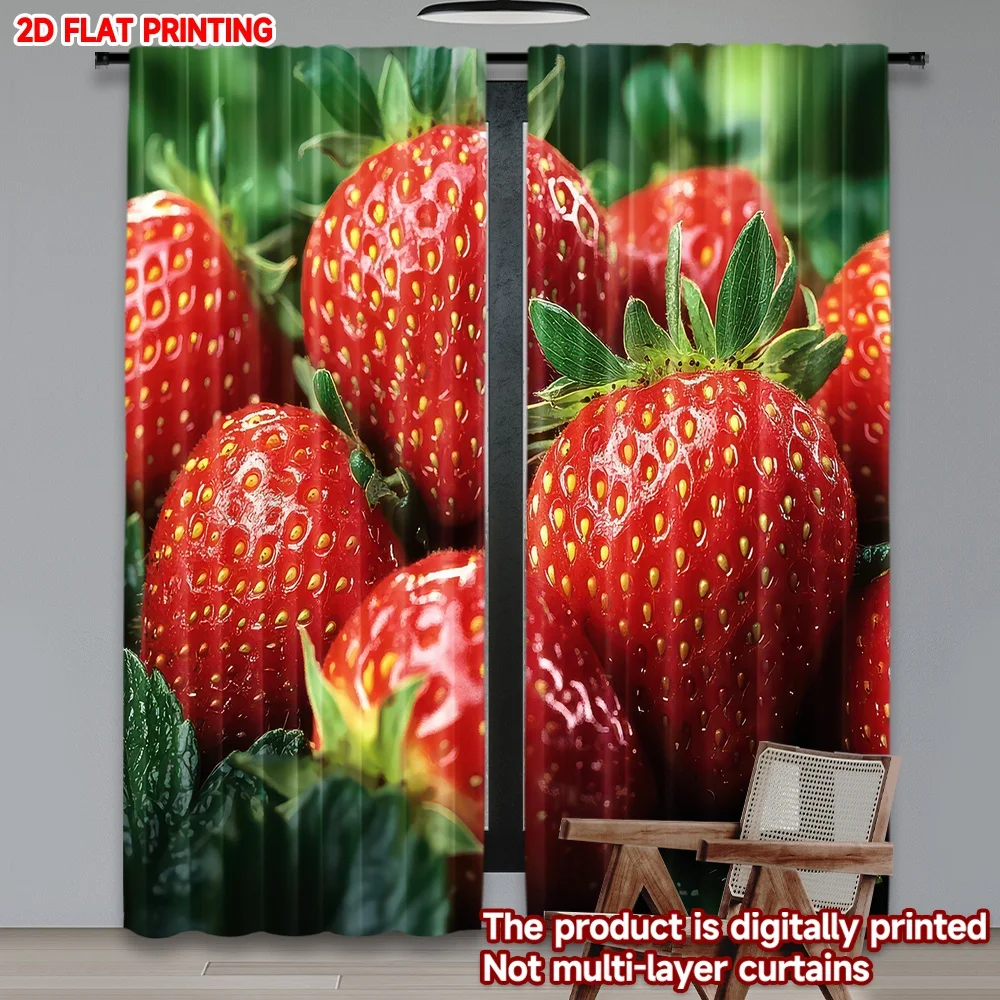 

2D flat printing 2pcs Window Drapes Fresh Red Strawberries Digital Printed Polyester Drapes Birthday Party Perfect for Festive