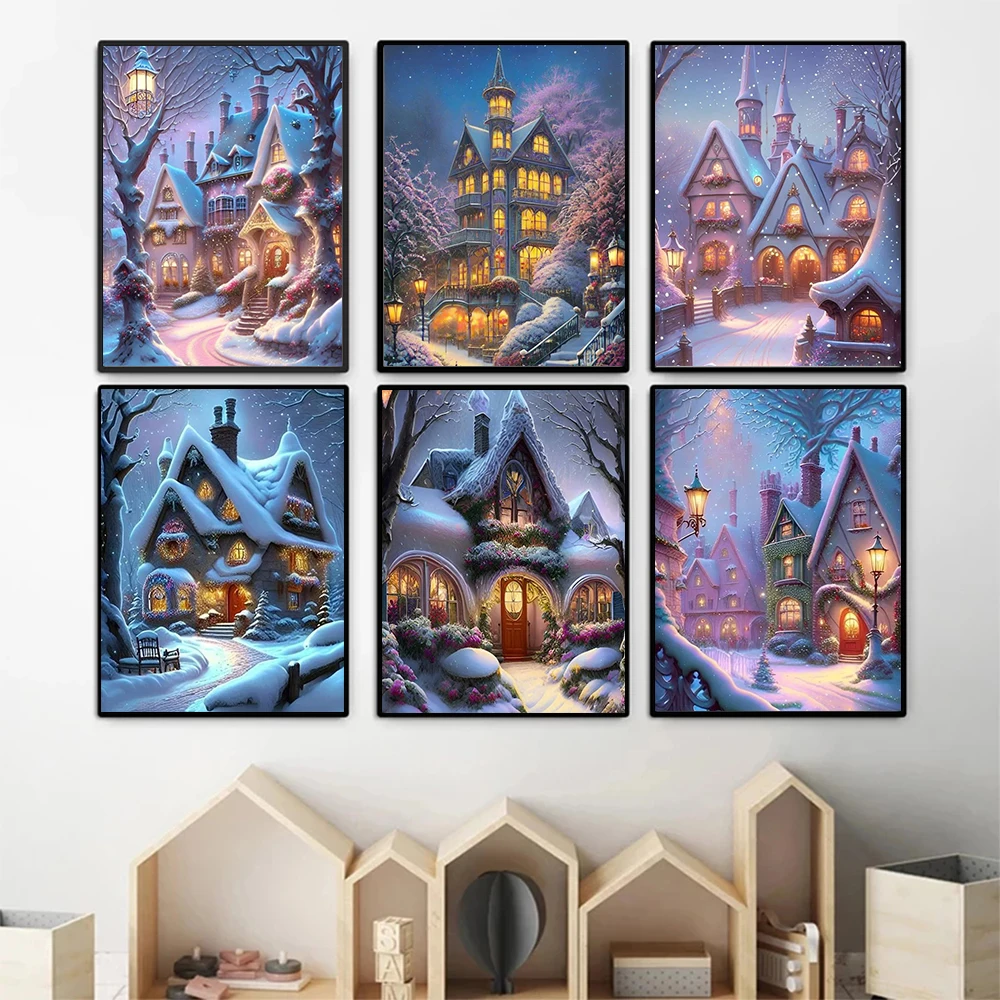 

Cartoon Castle Snow Scenery Pink Wall Poster Decor Picture Dreamy Canvas Painting For Children's Room Home Decor Girls' Gift