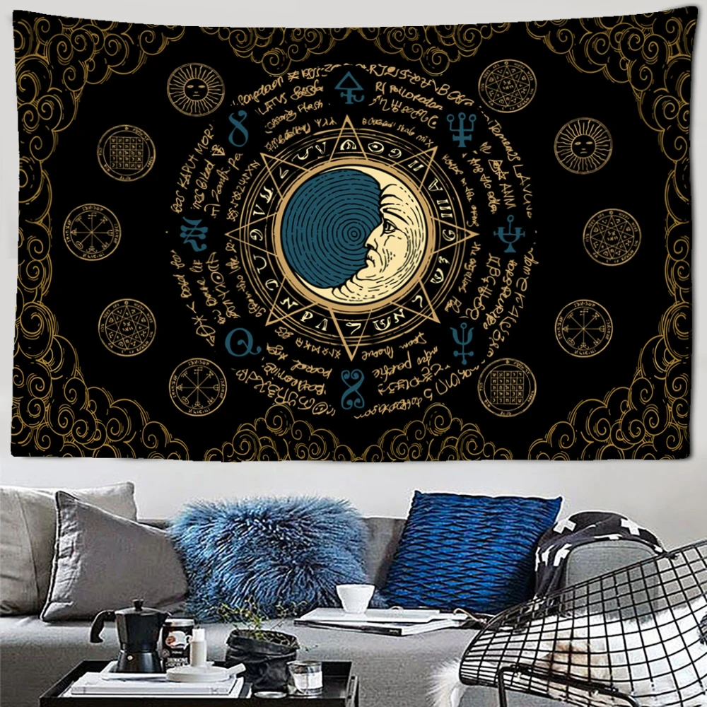 Sun And Moon Rune Tapestry Wall Hanging Psychedelic Witchcraft Crow Death Tarot Card Bed Sheet Bedroom Home Decor