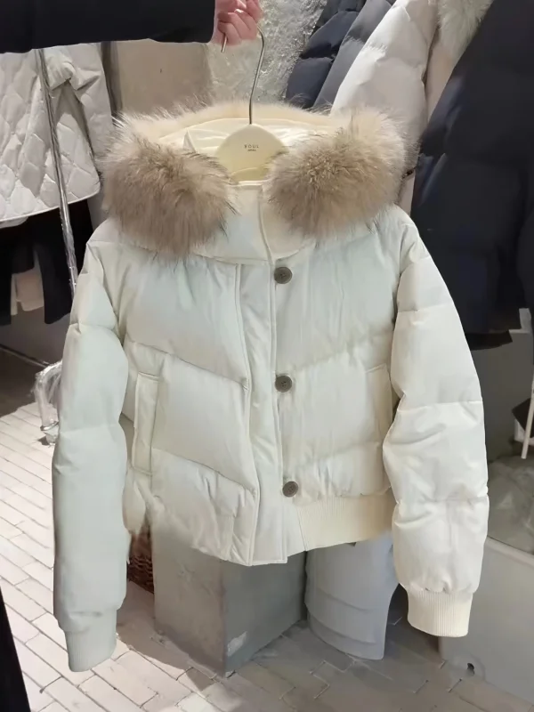 

Ele White Thiened ort Cotton Jaet Женское зимнее пальто с большим меховым воротником Корейский свободный крой Long Sve