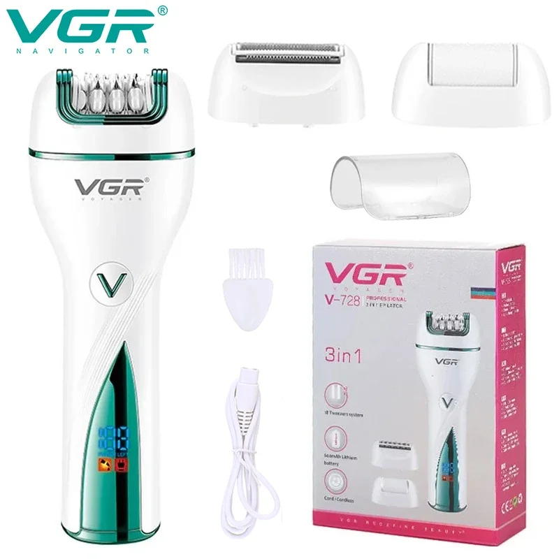 VGR 728 면도기 여성용 충전식 디지털 제모기, 3 in 1 전기 제모기, 얼굴 및 몸 헤어 트리밍 세트, 신제품 