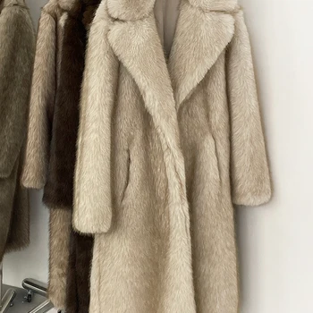 מעיל פייק פרווה לנשים לחורף 2025, בצבע חאקי אחיד, שרוול ארוך...