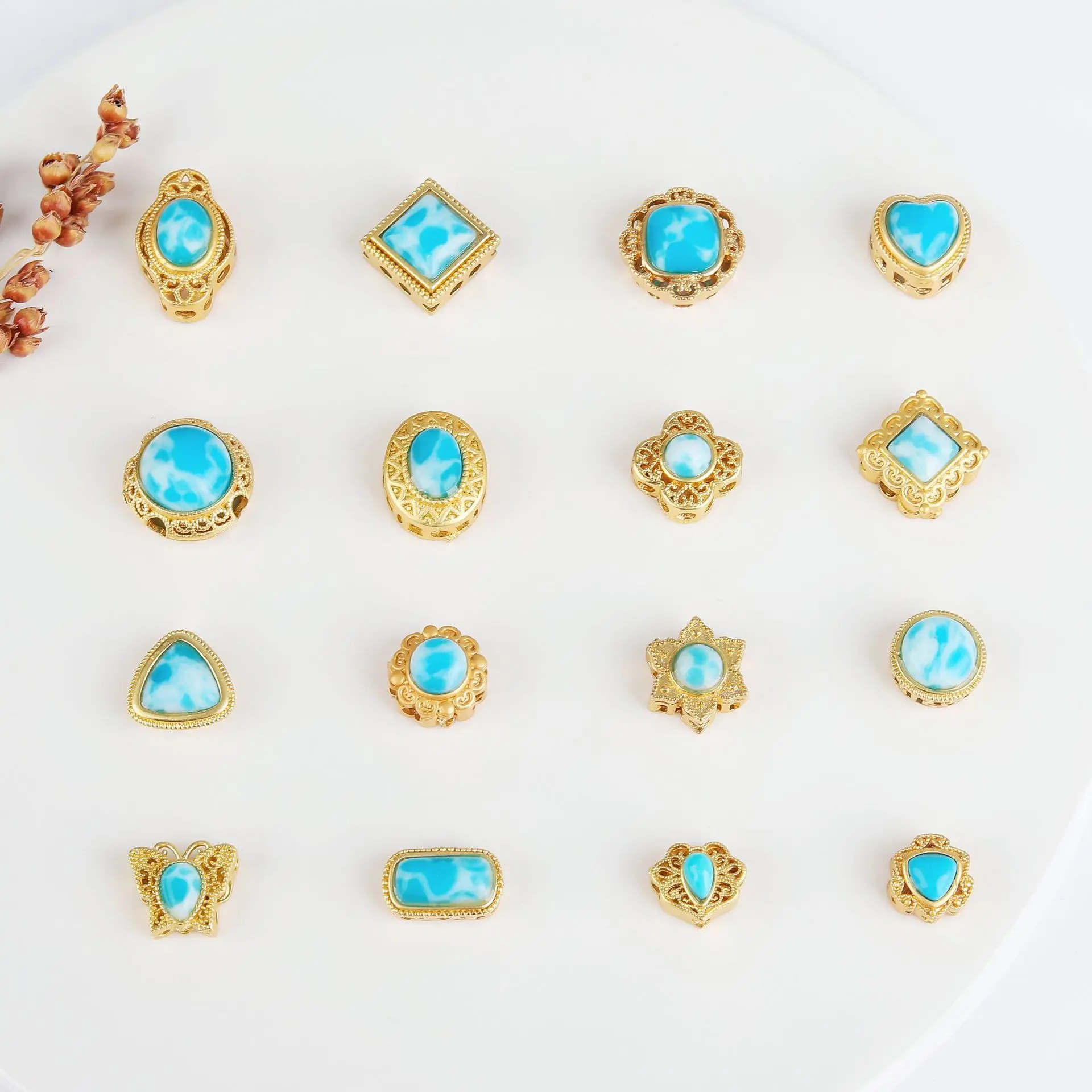 7pcs Copper Gold-plated Multi-pass Ring Inlaid Green Turquoise Spacer Beads Diy Bracelet Necklace Jewelry Accessories Wholesale