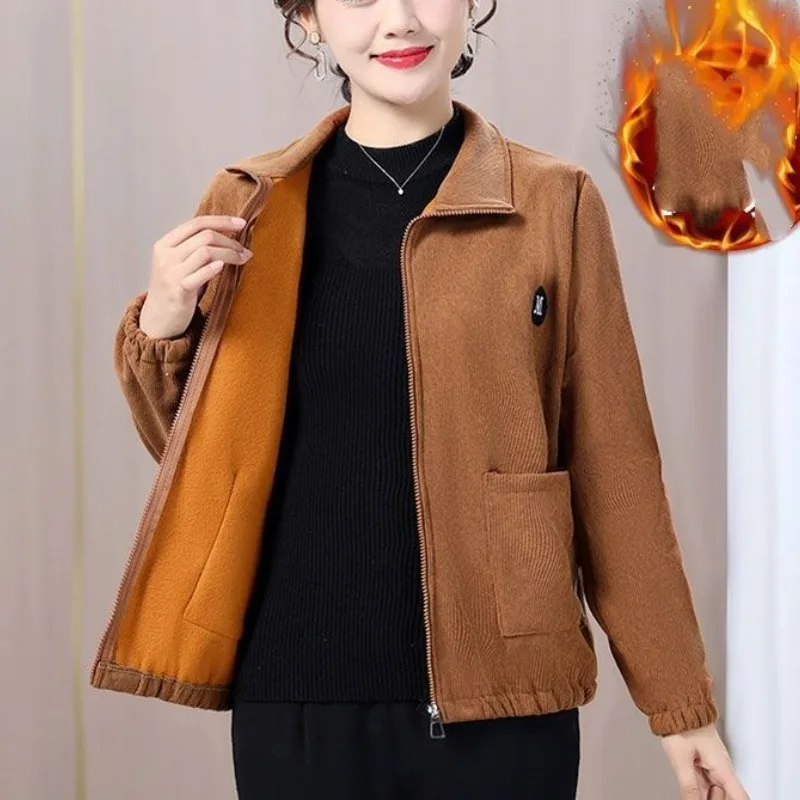 Autumn and Winter Women\'s Turn Down Collar Pockets Zipper Solid Color Loose Fitting Fashion Casual Elegant Long Sleeved Jacket