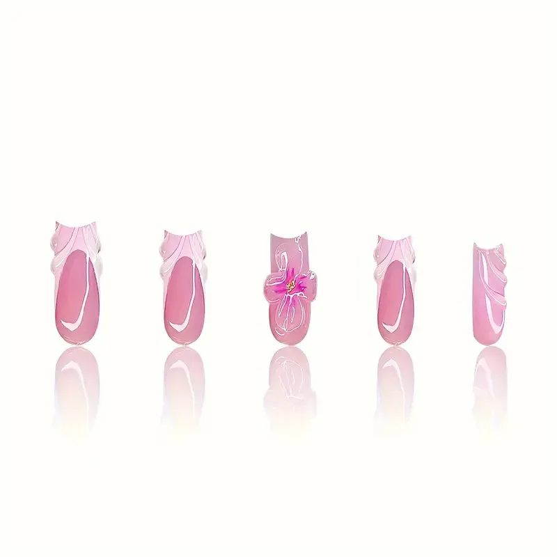 เล็บปลอมสีชมพู Y2K ลายดอกไม้ 24 ชิ้น พร้อมกาวเจลขอบขาวแบบฝรั่งเศส ติดง่าย สไตล์ยุโรป ทรงโลงศพยาว