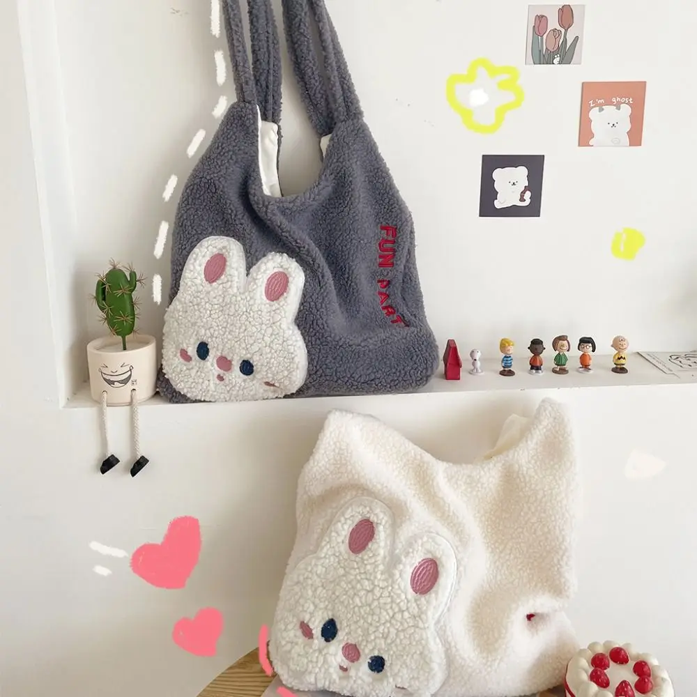 Portable Lamb Plush Shoulder Bag Large Capacity Embroidery Cartoon Handbag Storage Bag Tote Bag Plush Doll Bag Girl