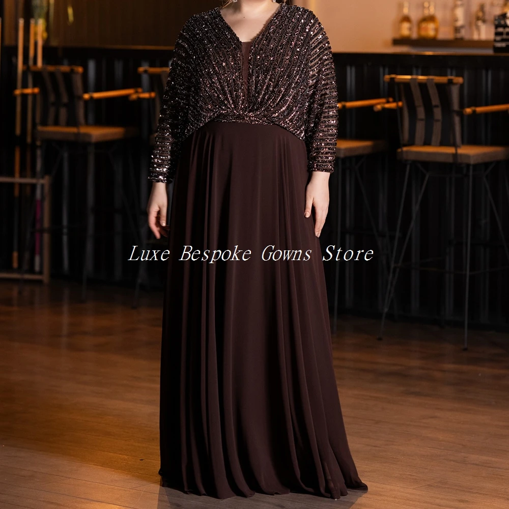 A-Linien-Abendkleider für Damen, bodenlang, V-Ausschnitt, lange Ärmel, Ballkleid, modisch, mit Pailletten, schlicht, drapiert, maßgeschneiderte Kleider