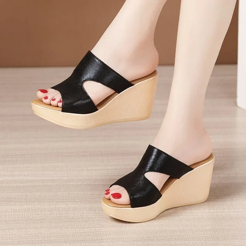 New Summer Ladies Slippers Fashion Platform Wedge Women's Pumps Designer High Heel Sandals Open Toe Fish Mouth Shoes Mules