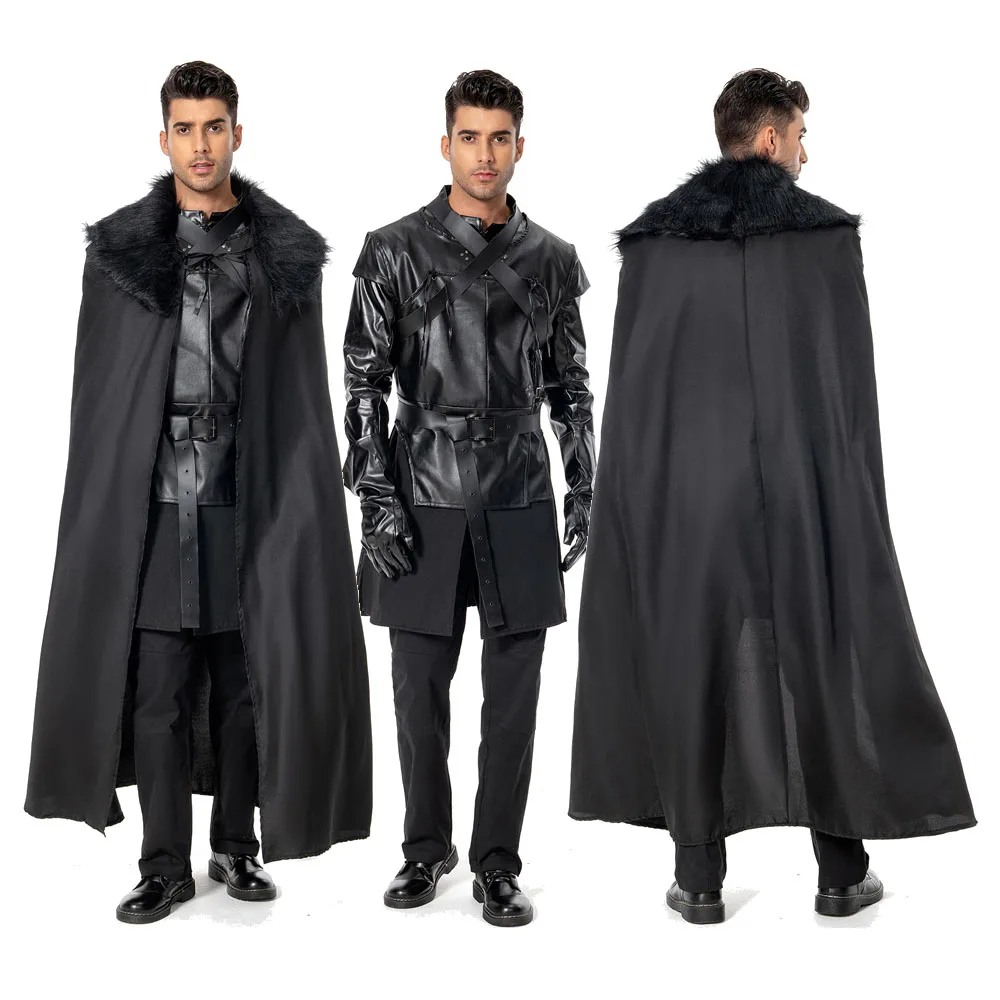 Men Night Watchman Cosplay Black Woolen Cape Top Pants Costume Cloak Outfits Halloween Carnival Party Roleplay Suit