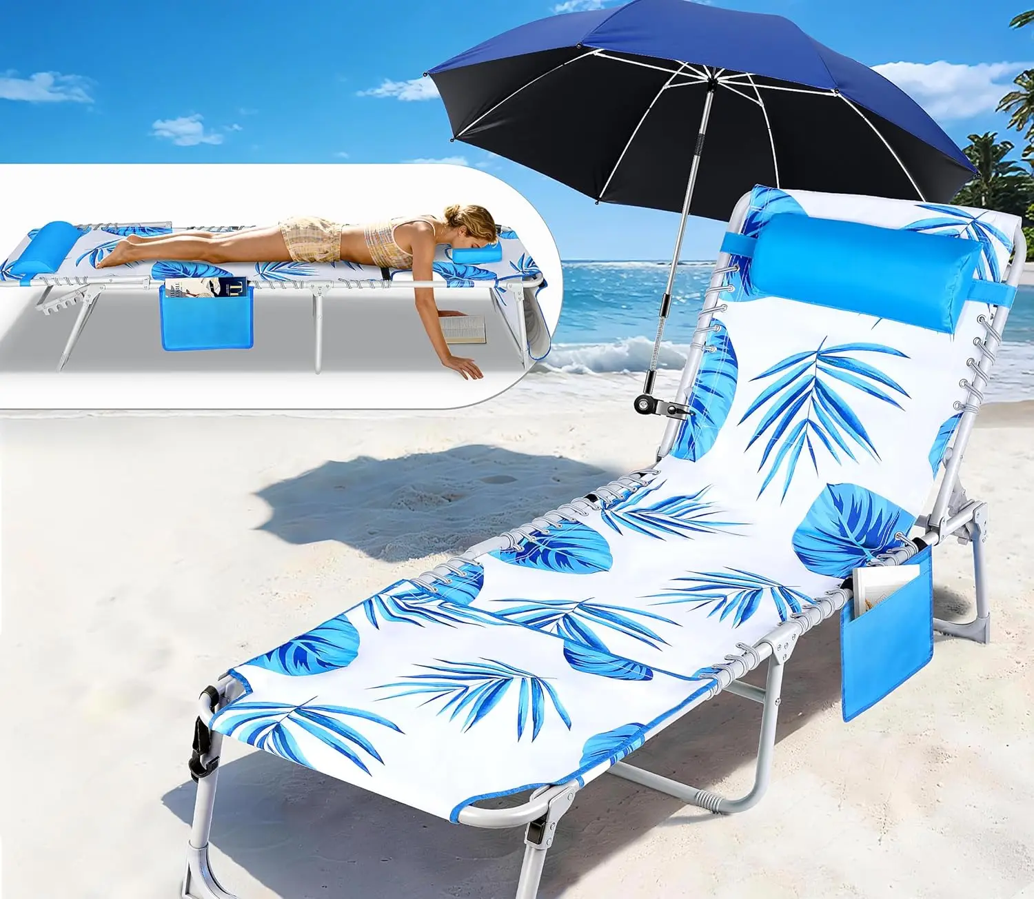

3-in-1 Beach Lounge Chair with Umbrella, Sun Tanning Chair with Face Hole&5-Position Recliner, Folding Lounge Chair Outdoor Lay