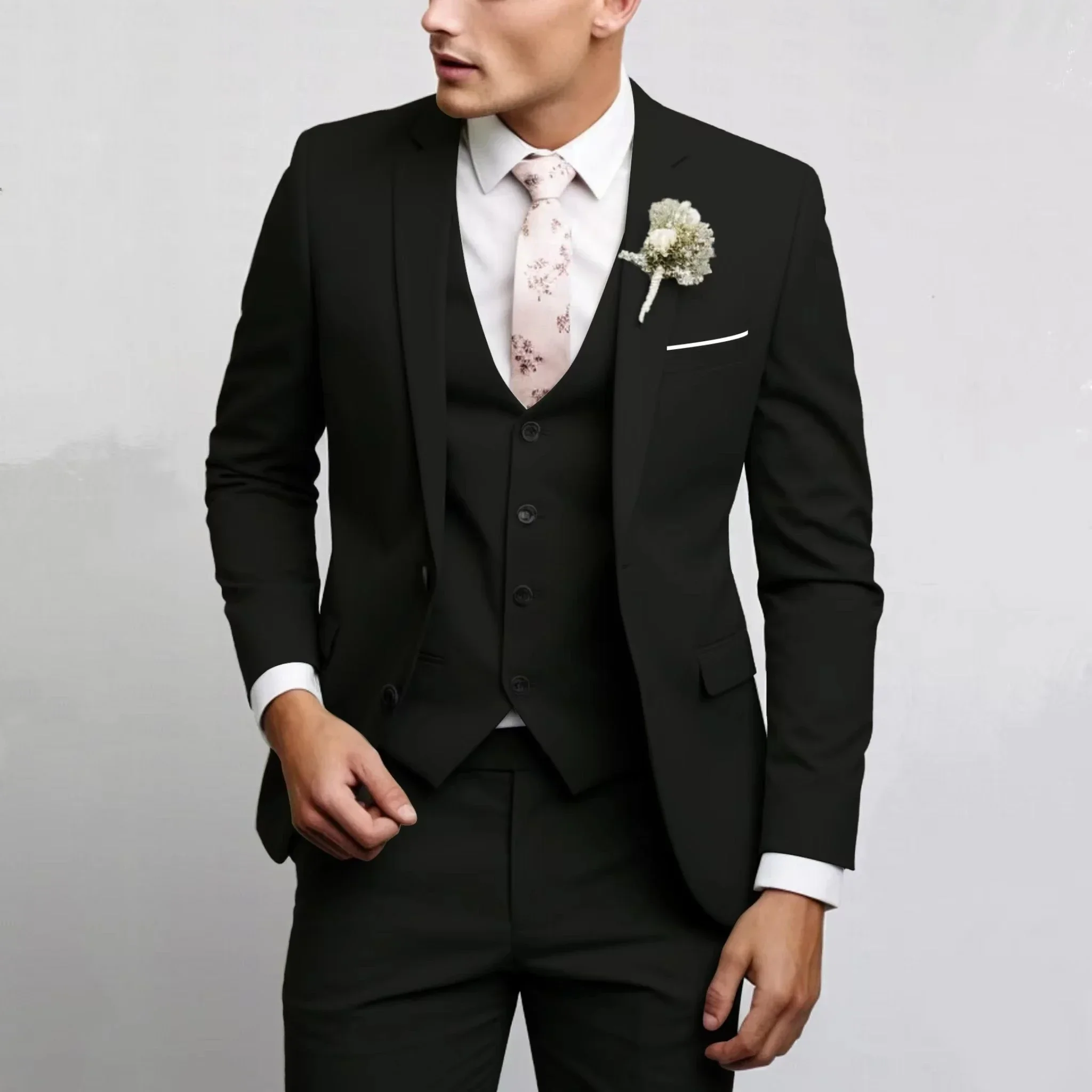 Casual Men\'s Suits Slim Regular Fit 3 Piece Elegant Tuxedos Notch Lapel Blazer Vest Pants for Evening Party Formal Wedding
