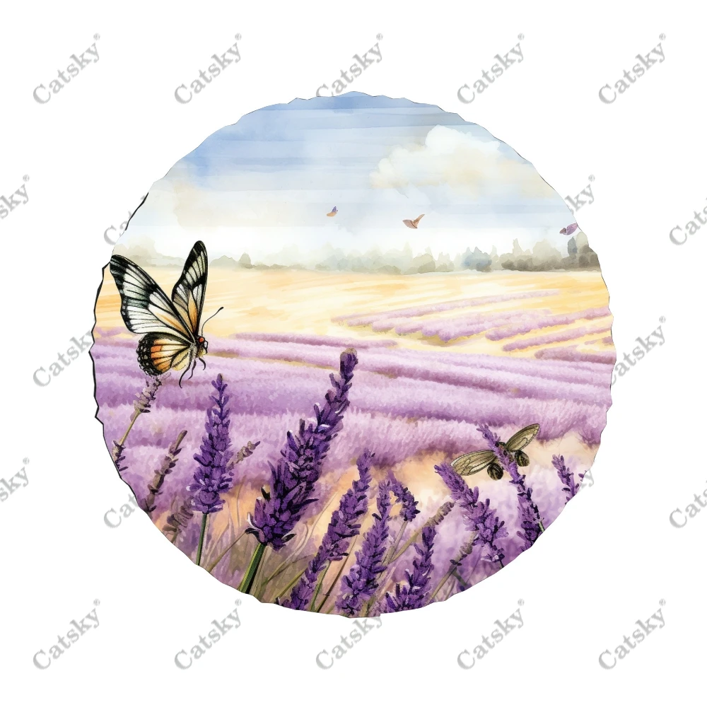 Butterflies in Lavender Field Pattern Polyester Universal Spare Wheel Tire Cover Wheel Covers for Trailer RV SUV Truck Camper