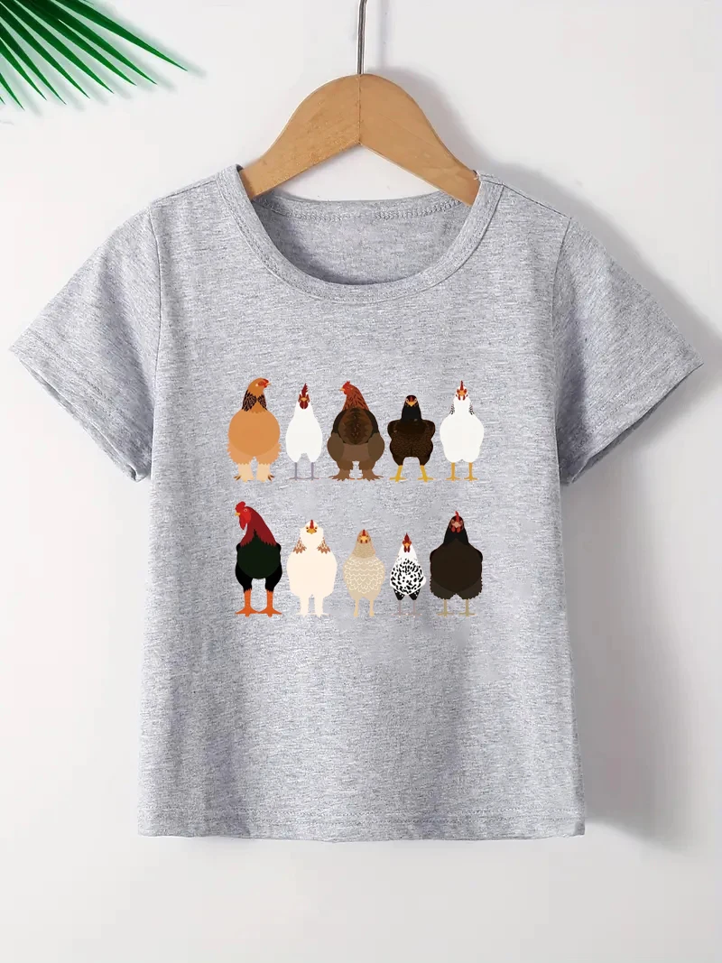 Cartoon chicken printed casual T-shirt for boys and girls, summer creative short sleeved round neck top