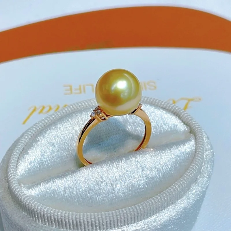

SGARIT Nanyang Sea Water Gold Pearl Rings 18K Gold Inlay Brick and Round Pearls 10.5-11mm Women's Jewelry