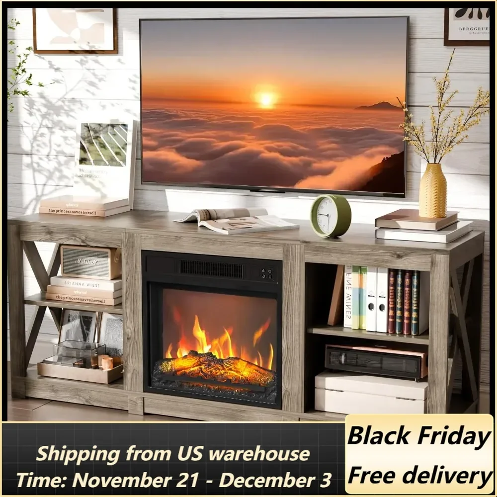 Fireplace TV Stand for TVs up to 70'', Farmhouse Fireplace Entertainment Center with Adjustable Shelves, Media Entertainm Center