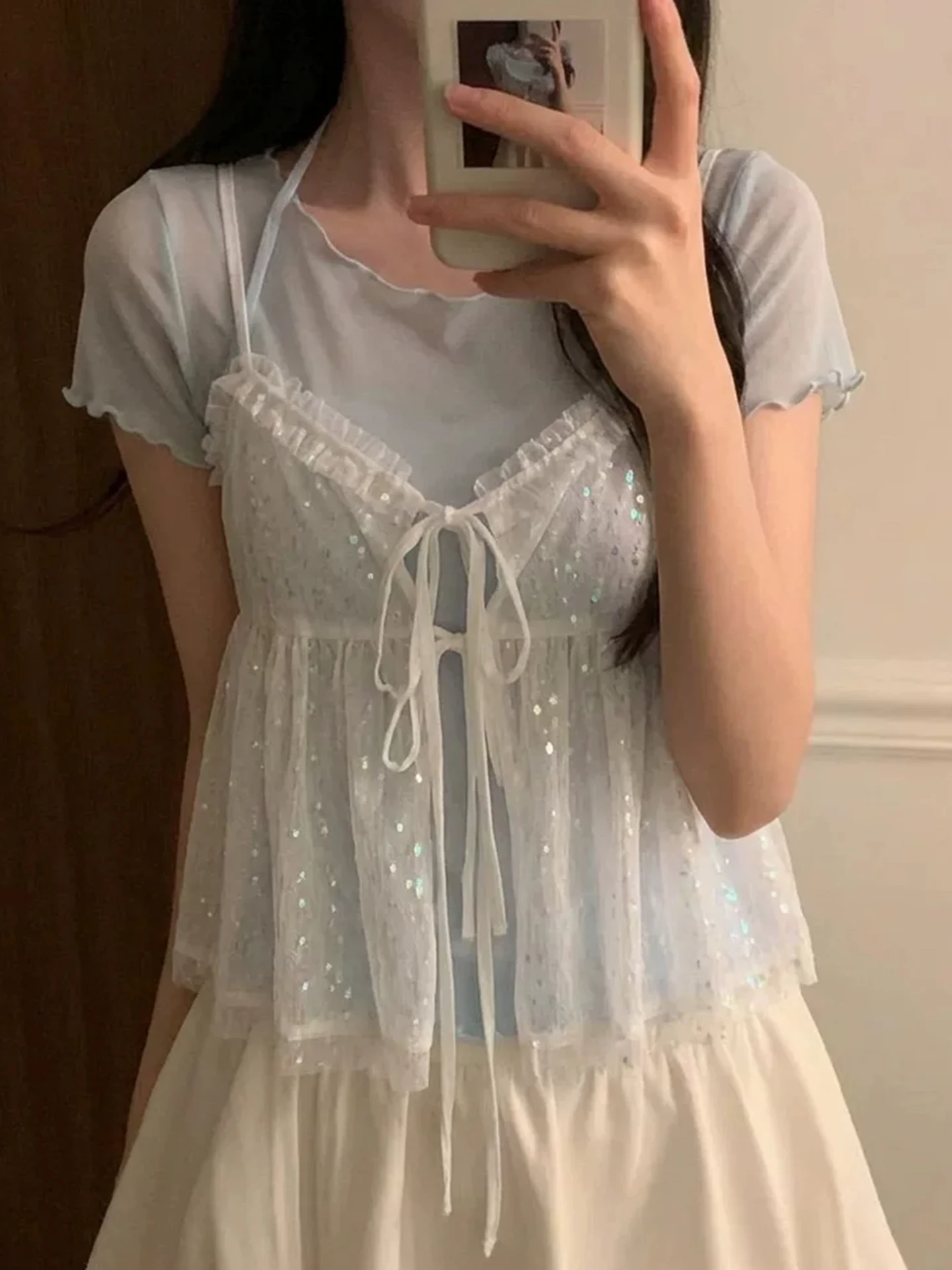 

Fashionable Mesh Trimted Short Sleeve T-Shirt Set Women's Summer New Style Two-Piece Polyester Fiber Commute Style Clothing