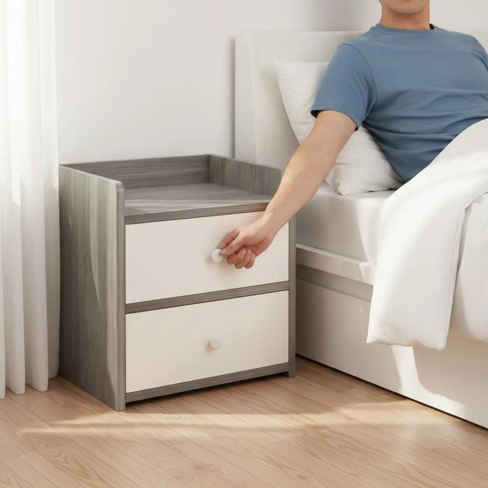 Modern Bedside Cabinet Rounded Corners Small Nightstand with Drawer Bedside Storage Shelf for Dorm Room