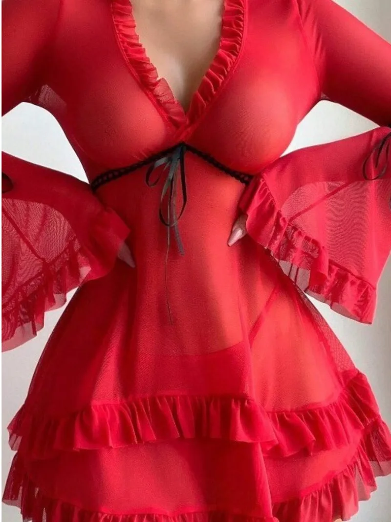 Sexy Einfarbig Transparente Spitze Mesh Kleid Tiefem V Lange Ärmel Kleid Elegante Charming Casual Pure Desire Schöne Süße J1BE
