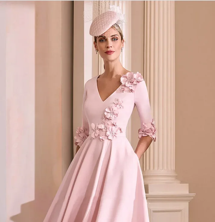 Elegant Pink Short Mother of the Bride Dress V Neck Tea Length 3D Flowers Half Sleeves Women Party Banquet Guest Gown