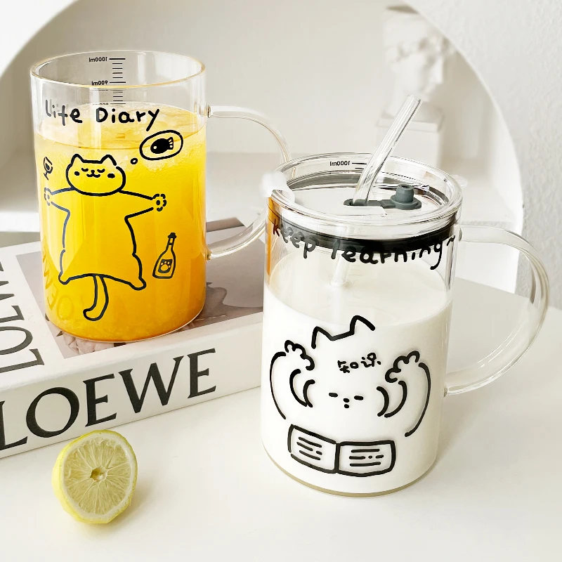 Heat Resistant High Borosilicate Glass Water Bottle with Handle Straw Large Capacity Graduated Milk Cup High Beauty Drinking Mug