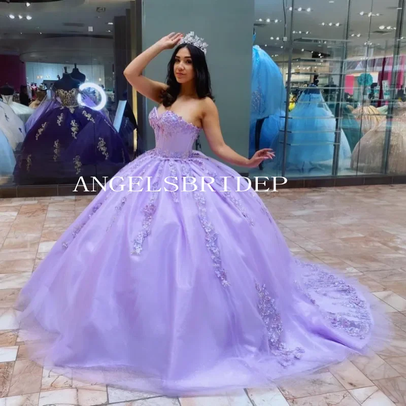 

Angelsbridep Elegant Formal Lilac Ball Gown 15 Year Old Quinceanera Dresses 2024 Prom Gowns With Beading Crystal Train