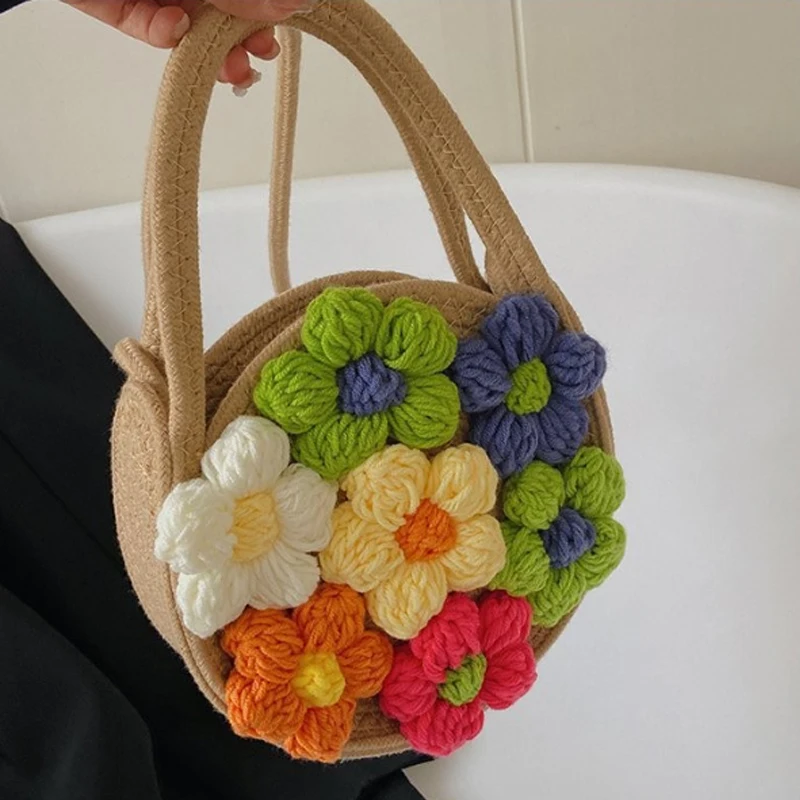 

New Cotton Rope Woven Women Bag Flower Bag Fashion Shoulder Handbag Fashion Beach Bag