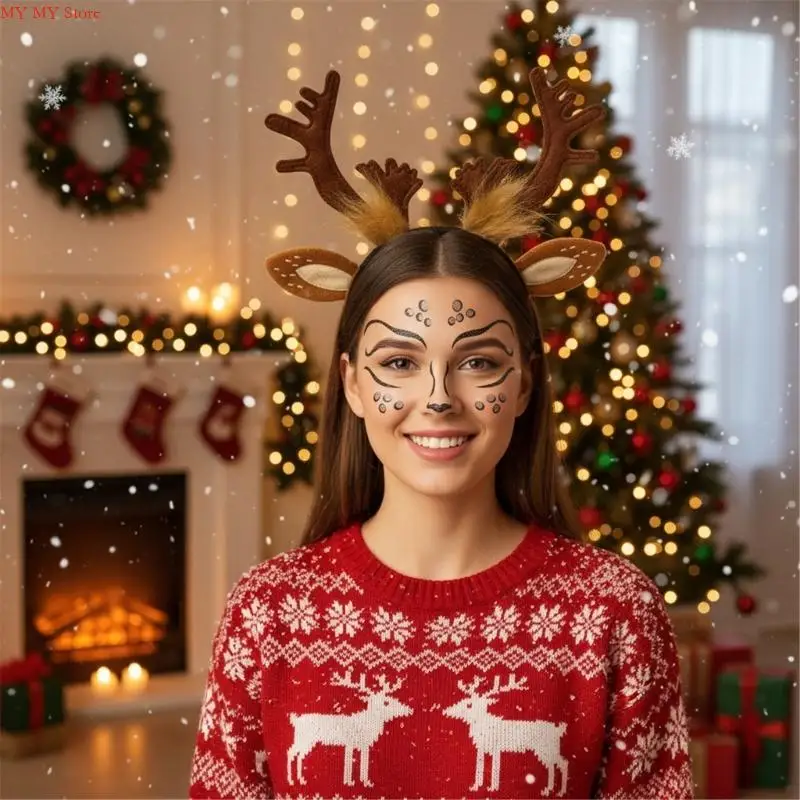 مجموعة إكسسوارات شعر قرن الوعل الرنة N1HE، عصابة رأس وملصقات، تصميم خفيف الوزن قابل للطي لحفلات عيد الميلاد والصور العائلية