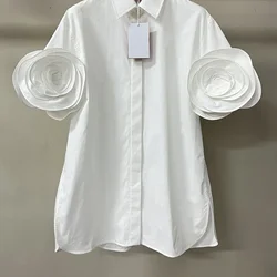 Retro White Cotton Rose Flower Shirts Trendy Women's Single Breasted Short Sleeve Lapel Blouses 24 Spring New Y2K Clothes Runway